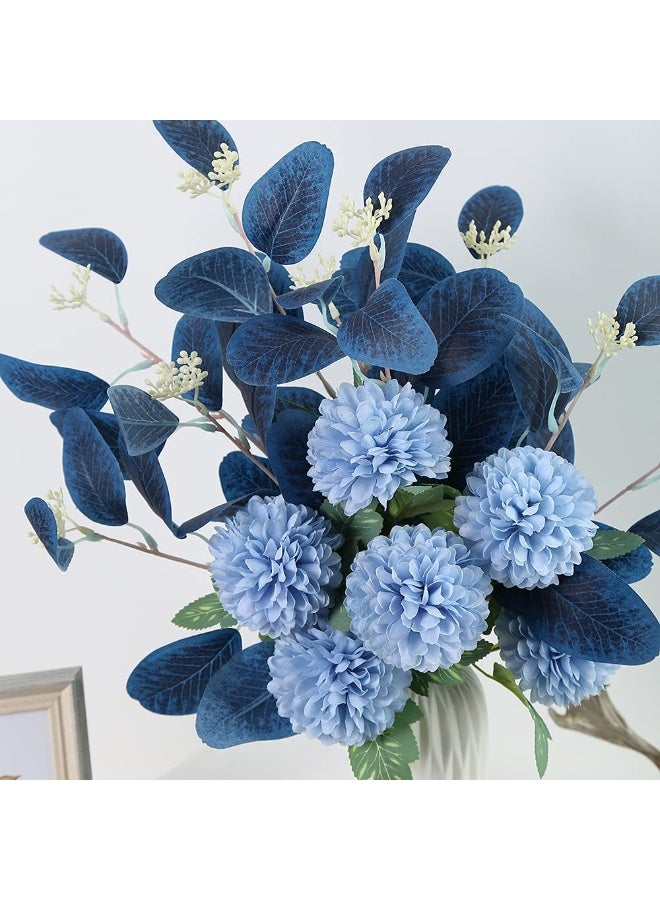 Chrysanthemum Flowers Blue Artificial Eucalyptus Silk Flowers for Home Decor Indoor Dining Table Decor (Dark Blue) - Image 4